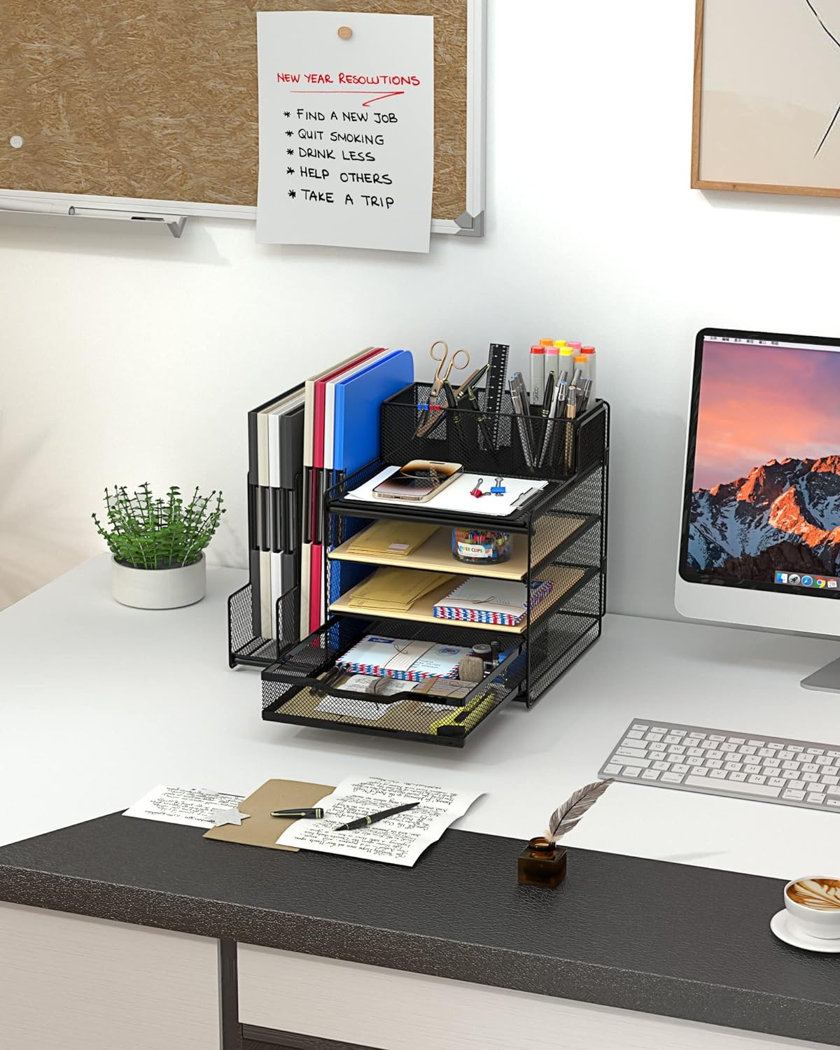 VIVSOL Desk Organizer with Mesh File Holder， 4-Tier Office Supplies Desk Organizers and Accessories with Sliding Drawers， 3 Trays & Pen Holder， Desk File Organizer and Storage for Office， School， Home - Image 4